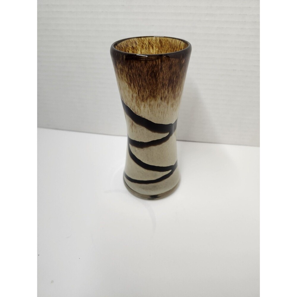 Vintage Tan & Brown Hand Blown Swirl Art Glass Vase 6”